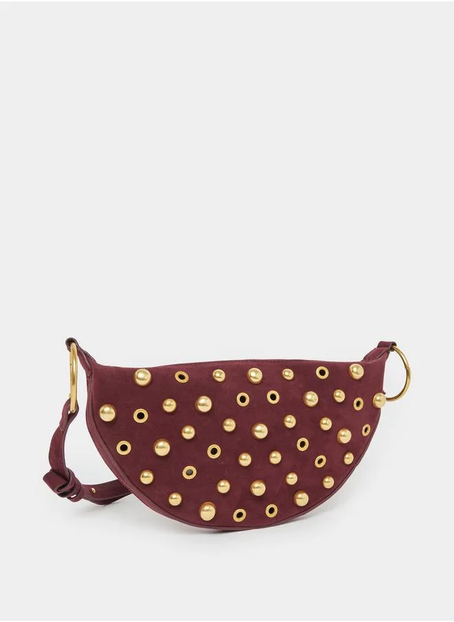 Styli Styli Studded Half Moon Shoulder Bag with Zip Closure