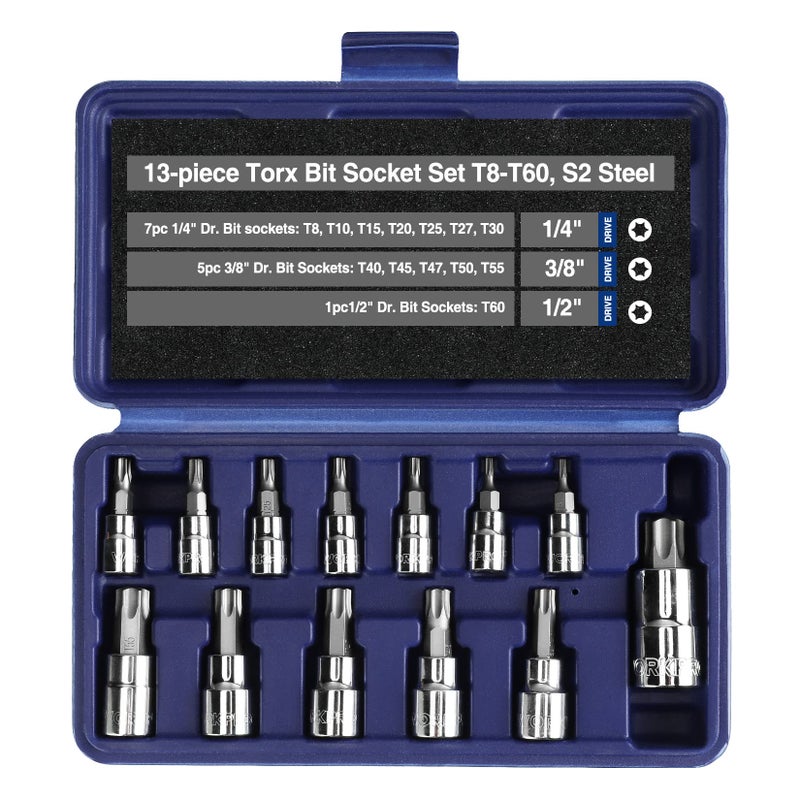 WORKPRO 13-Piece Torx Bit Socket Set T8-T60, 1/4", 3/8" and 1/2" Drive, S2 Steel 6 Point Star Bits and CR-V Sockets with Storage Case For Hand Use Work On Cars, Trucks - Image 1