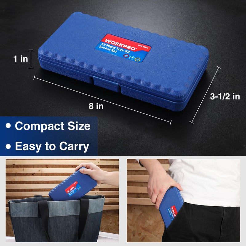 WORKPRO 13-Piece Torx Bit Socket Set T8-T60, 1/4", 3/8" and 1/2" Drive, S2 Steel 6 Point Star Bits and CR-V Sockets with Storage Case For Hand Use Work On Cars, Trucks - Image 5