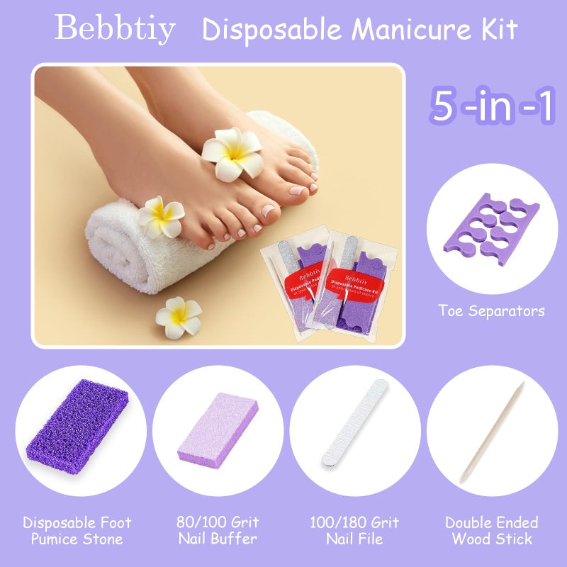 Bebbtiy Disposable Pedicure Kit Sets, 5 in 1 Nail Salon Manicure Pedicure Kit Professional, Nail File, Pumice Pad, Mini Buffer, Toe Separator, Wood Stick, Individually Package (20, Count, 80/100 Grit) - Image 3