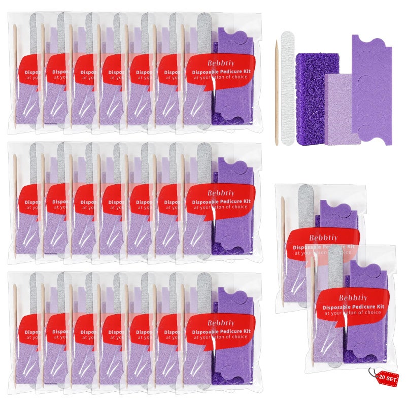 Bebbtiy Disposable Pedicure Kit Sets, 5 in 1 Nail Salon Manicure Pedicure Kit Professional, Nail File, Pumice Pad, Mini Buffer, Toe Separator, Wood Stick, Individually Package (20, Count, 80/100 Grit) - Image 1