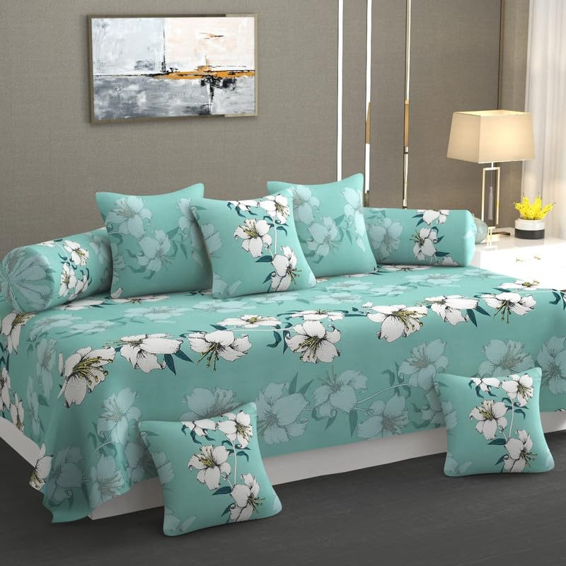 diwan Set for Living Room, diwan Set Covers Glace Cotton, Designer diwan Set 8 Pieces (1 Single Bedsheet, 5 Cushion Covers, 2 Bolster Covers, Color- Blue Sky)