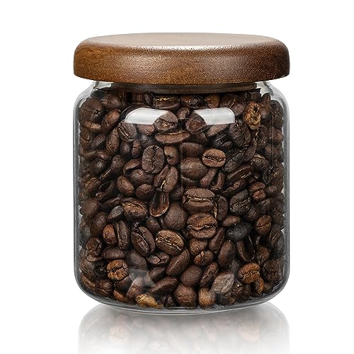 piconesper 1 PC Small Glass Storage Jars with Airtight Lids, 14 FL OZ (420ml) coffee container with Wooden Lid, Glass Pantry Canister for Beans, Rice, Sugar and etc - Image 1