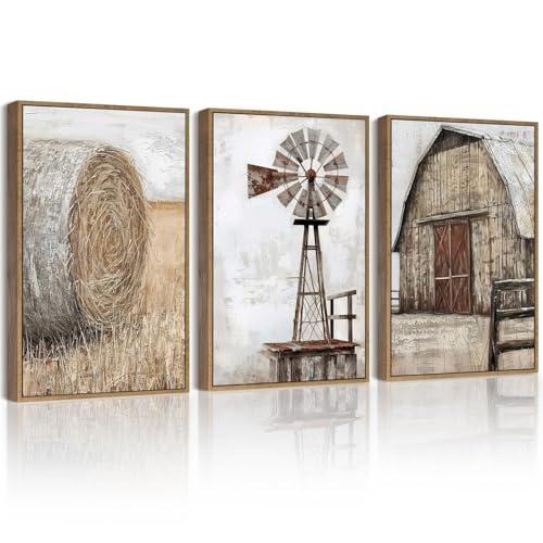 Drsoum Farmhouse Wall Art Vintage Rustic Windmill Barn Cornfield Pictures Framed Painting Landscape Countryside Rural Canvas Artwork Home Decor Ready to Hang 11x14in Natural Framed - Image 1