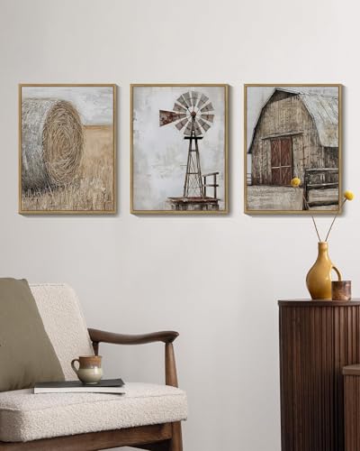 Drsoum Farmhouse Wall Art Vintage Rustic Windmill Barn Cornfield Pictures Framed Painting Landscape Countryside Rural Canvas Artwork Home Decor Ready to Hang 11x14in Natural Framed - Image 3