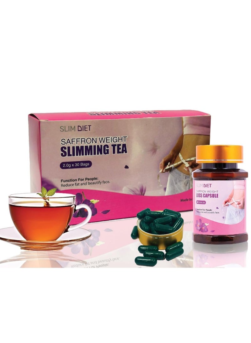 Saffron Slim Diet Saffron Weight Loss Slimming Tea and Capsules, Dynamic Duo for Accelerated Weight Loss and Powerful Fat Burning with Detox Herbal Tea (30 Tea Bags) and Antioxidant-Rich Capsules (60 Capsules