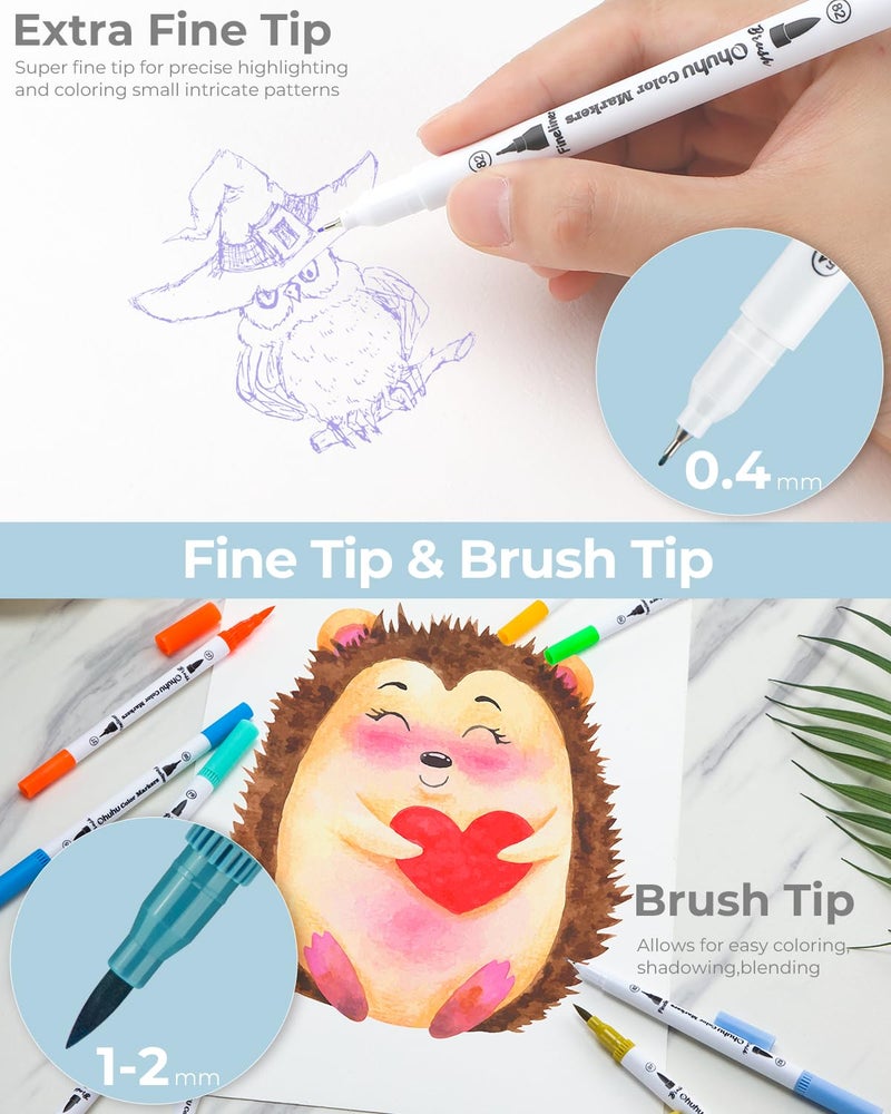 Ohuhu Markers for Adult Coloring Books No Bleeding 36 Colors Coloring Markers Water-based Dual Tips Fineliner & Brush Drawing Pens Art Pens for Kids Adults Sketch Journal - Maui - White - Image 3