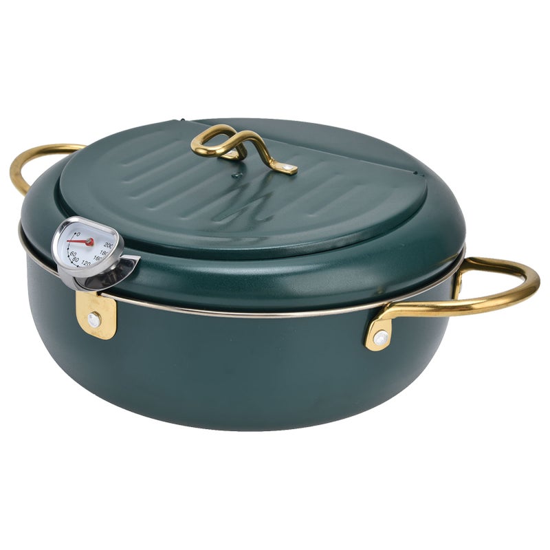 304 Stainless Steel Frying Pot Temperature Controllable Mini Cooking Fryer with Thermometer for KitchenBlack Green 304 Stainless Steel 24cm / 9.4in - Image 2