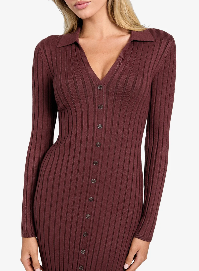 GUESS  Long Sleeve V Neck Rib Miranda Sweater Midi Dress for Women | Best Price UAE