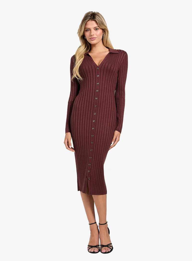 GUESS  Long Sleeve V Neck Rib Miranda Sweater Midi Dress for Women | Best Price UAE