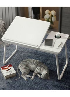 fashionhome 1-Piece Folding Laptop Desk Portable Computer Table Serving Table for Bed Sofa Writing Study Table 4 Angles Adjustable with Cup Holder Table White 55x25x32 cm  - Image 2