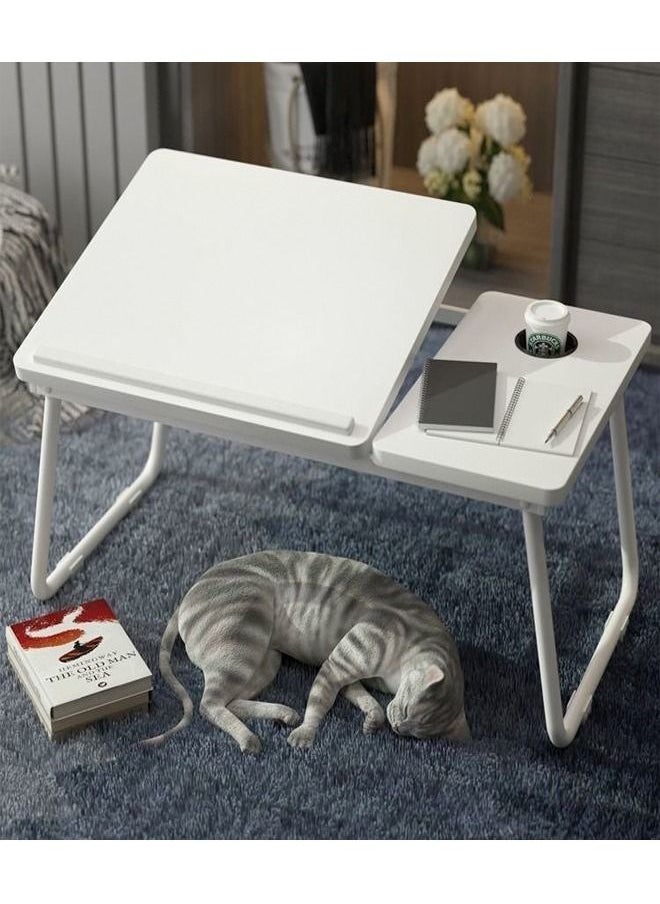 fashionhome - 1-Piece Folding Laptop Desk Portable Computer Table Serving Table for Bed Sofa Writing Study Table 4 Angles Adjustable with Cup Holder Table White 55x25x32 cm - Image 1