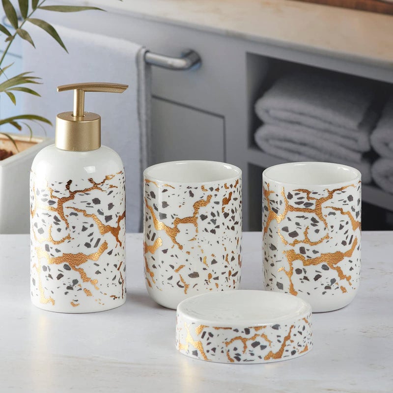 Kookee Ceramic Bathroom Set - Stylish 4 Piece Bath Accessories Kit with Soap Dispenser, Toothbrush Holder, Tumbler & Soap Dish - Modern & Designer Decor for Home & Guest Bathrooms, White/Gold (9740) - Image 3