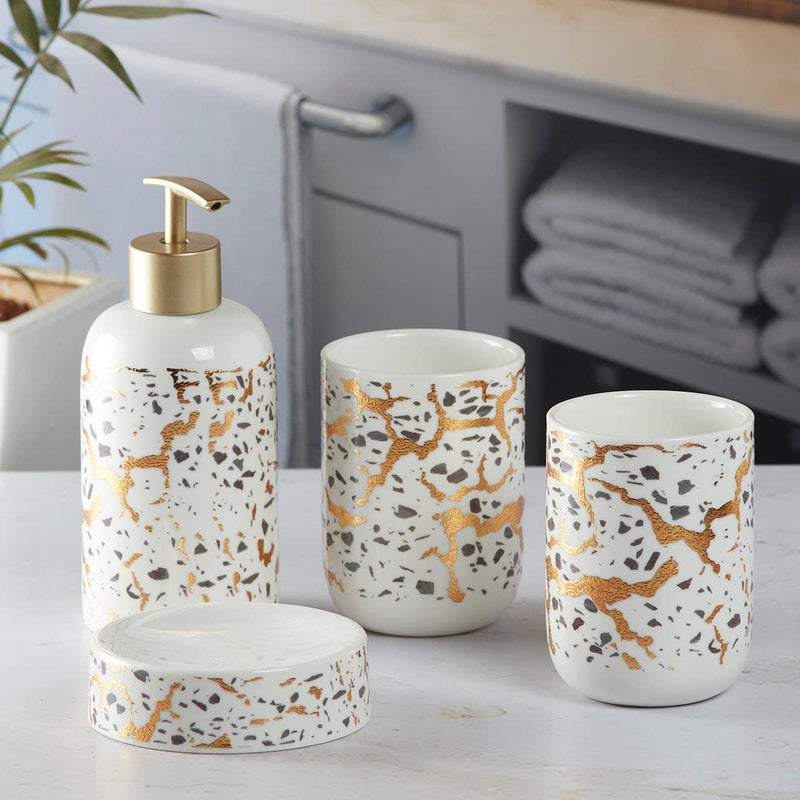 Kookee Ceramic Bathroom Set - Stylish 4 Piece Bath Accessories Kit with Soap Dispenser, Toothbrush Holder, Tumbler & Soap Dish - Modern & Designer Decor for Home & Guest Bathrooms, White/Gold (9740) - Image 1