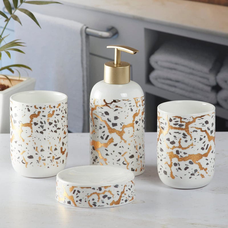 Kookee Ceramic Bathroom Set - Stylish 4 Piece Bath Accessories Kit with Soap Dispenser, Toothbrush Holder, Tumbler & Soap Dish - Modern & Designer Decor for Home & Guest Bathrooms, White/Gold (9740) - Image 2