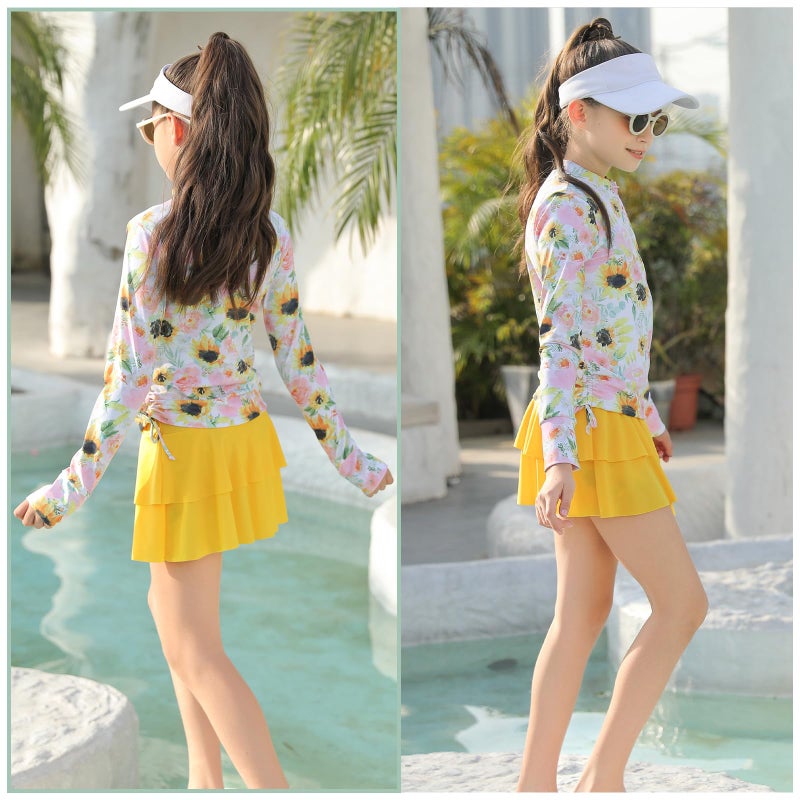 Vogseek Big Girl's Yellow Sunflower Swimsuits 8-10 Kids Long Sleeve Bathing Suit with Rash Guard Skirts Shorts for Girls 9 Years Sun Protection 2PCS Sporty Swimming Sets Size 8 Children Beach Swimwear Shirts - Image 4