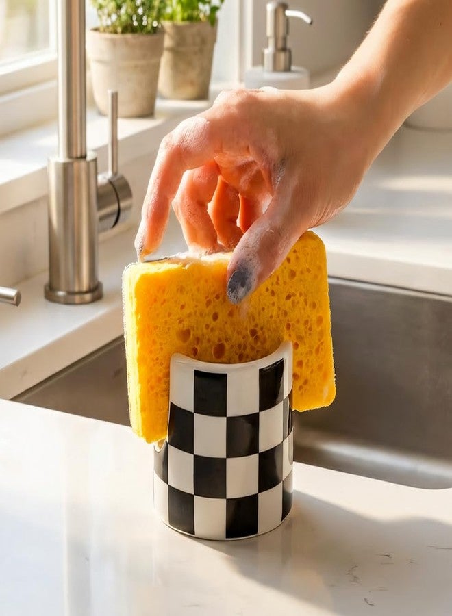 YOSCO Kitchen Sink Cute Ceramic Checkered Sponge Holder, Dish Sponge Rack Brush Holder Organizer, Farmhouse Kitchen Decor Dish Rack for Brush, Scrubbers, Bathroom, Sink (Black-white) - Image 4