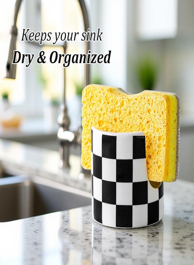 YOSCO Kitchen Sink Cute Ceramic Checkered Sponge Holder, Dish Sponge Rack Brush Holder Organizer, Farmhouse Kitchen Decor Dish Rack for Brush, Scrubbers, Bathroom, Sink (Black-white) - Image 3
