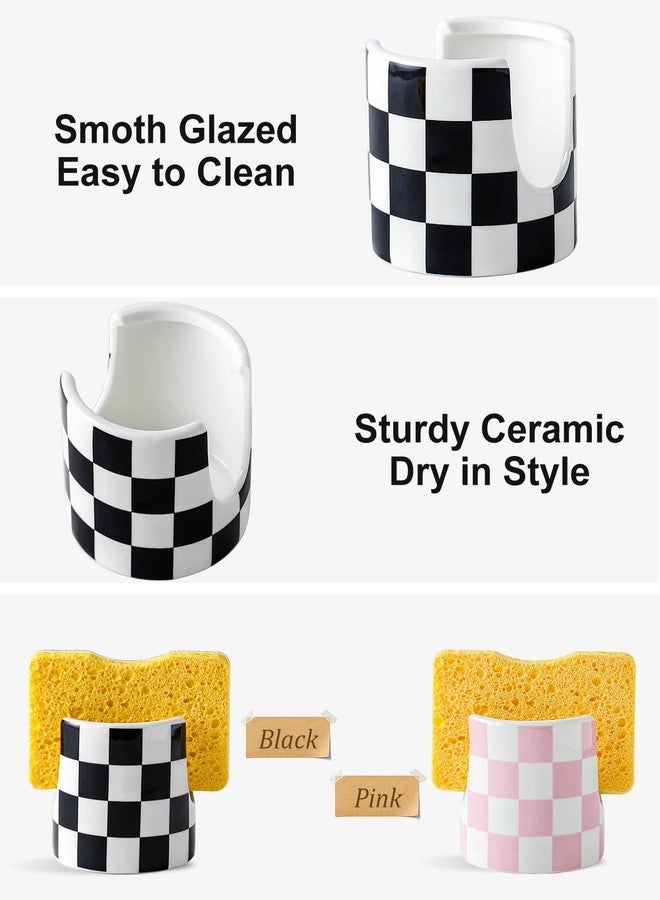 YOSCO Kitchen Sink Cute Ceramic Checkered Sponge Holder, Dish Sponge Rack Brush Holder Organizer, Farmhouse Kitchen Decor Dish Rack for Brush, Scrubbers, Bathroom, Sink (Black-white) - Image 5