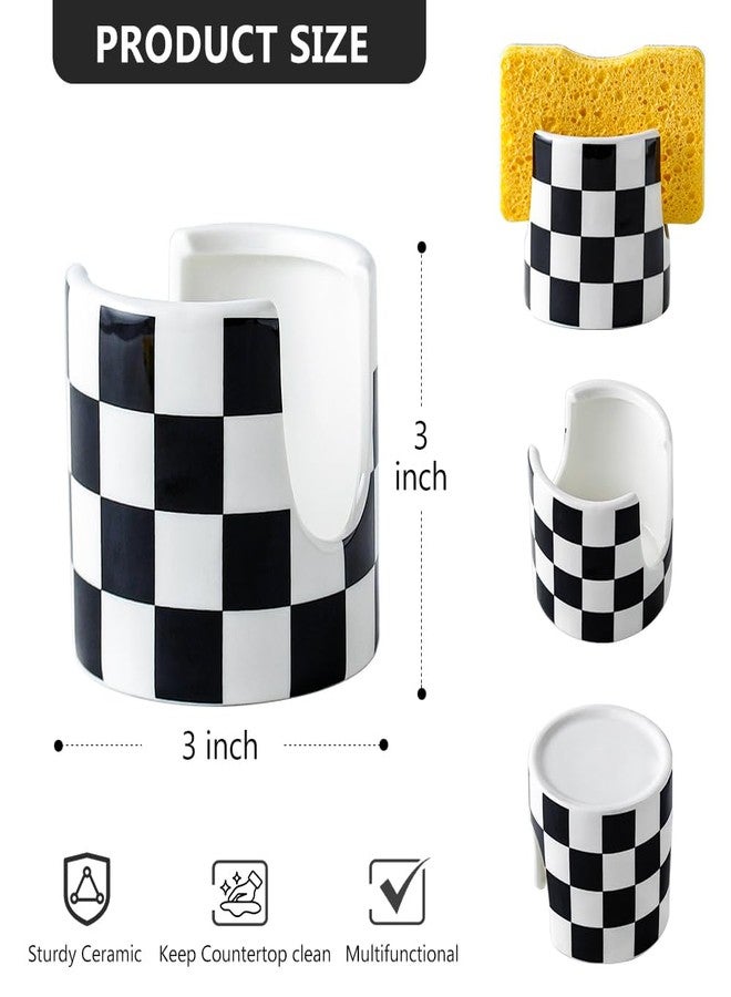 YOSCO Kitchen Sink Cute Ceramic Checkered Sponge Holder, Dish Sponge Rack Brush Holder Organizer, Farmhouse Kitchen Decor Dish Rack for Brush, Scrubbers, Bathroom, Sink (Black-white) - Image 2
