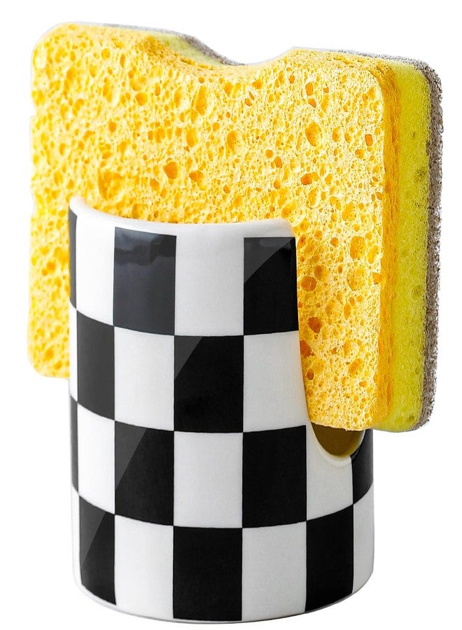 YOSCO Kitchen Sink Cute Ceramic Checkered Sponge Holder, Dish Sponge Rack Brush Holder Organizer, Farmhouse Kitchen Decor Dish Rack for Brush, Scrubbers, Bathroom, Sink (Black-white) - Image 1