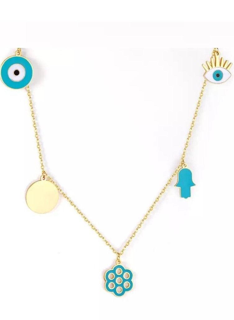 Accessories 22 Stainless Steel Simple Blue Turkish Evil Eye Lucky Flower Charm Necklace For Women and Girls