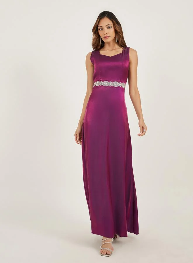 Styli Styli Embellished Satin A-Line Maxi Dress with Detachable Cape Sleeves