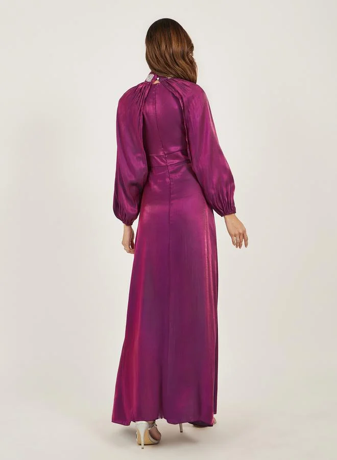 Styli Styli Embellished Satin A-Line Maxi Dress with Detachable Cape Sleeves