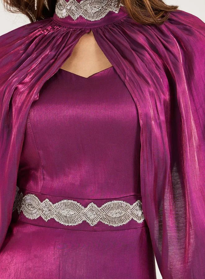 Styli Styli Embellished Satin A-Line Maxi Dress with Detachable Cape Sleeves