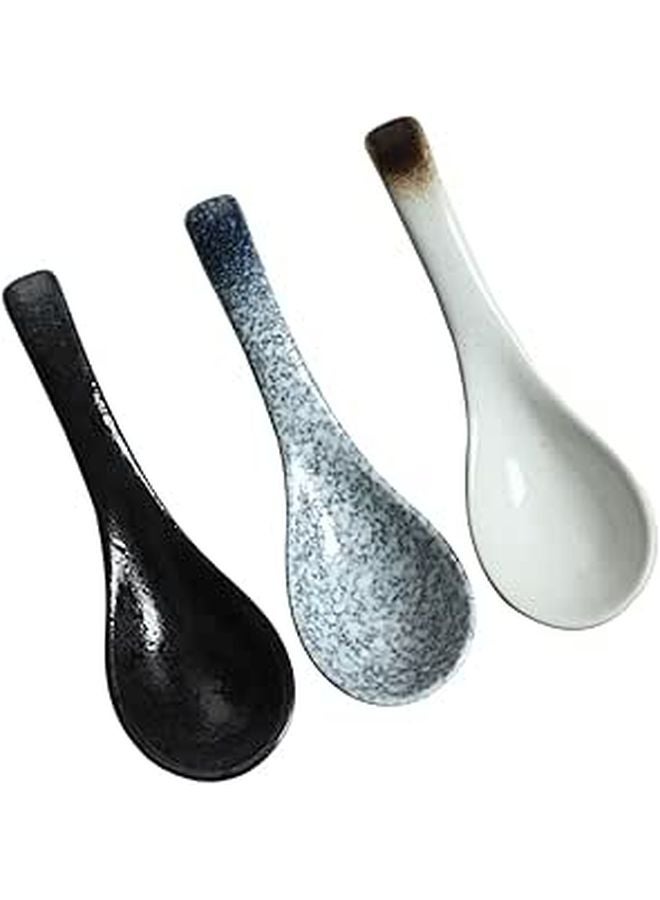 Ceramic Soup Spoons Set of 3 Blue Frost Dark Mocha Japanese Noodle Spoons for Rice - Image 1