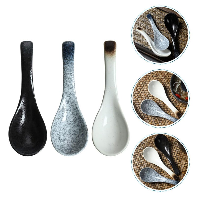 Ceramic Soup Spoons Set of 3 Blue Frost Dark Mocha Japanese Noodle Spoons for Rice - Image 5