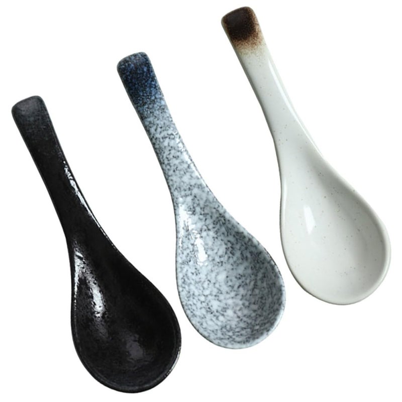 Ceramic Soup Spoons Set of 3 Blue Frost Dark Mocha Japanese Noodle Spoons for Rice - Image 2