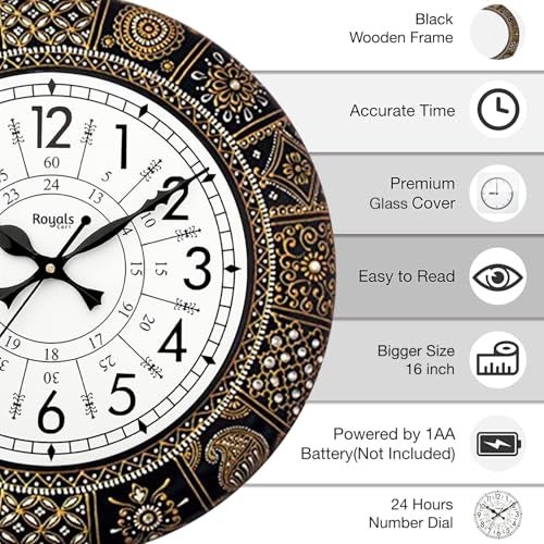 RoyalsCart Ethnic Handcrafted Designer Wall Clock with Rajasthani Floral Painting | Black Wooden Wall Clock for Living Room | 24 Hours | 16 Inch | Vintage Design | Silent Sweep Movement [KTWC281N] - Image 2