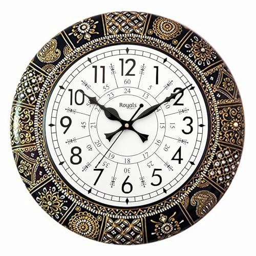 RoyalsCart Ethnic Handcrafted Designer Wall Clock with Rajasthani Floral Painting | Black Wooden Wall Clock for Living Room | 24 Hours | 16 Inch | Vintage Design | Silent Sweep Movement [KTWC281N] - Image 1