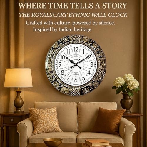 RoyalsCart Ethnic Handcrafted Designer Wall Clock with Rajasthani Floral Painting | Black Wooden Wall Clock for Living Room | 24 Hours | 16 Inch | Vintage Design | Silent Sweep Movement [KTWC281N] - Image 4