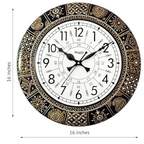 RoyalsCart Ethnic Handcrafted Designer Wall Clock with Rajasthani Floral Painting | Black Wooden Wall Clock for Living Room | 24 Hours | 16 Inch | Vintage Design | Silent Sweep Movement [KTWC281N] - Image 3