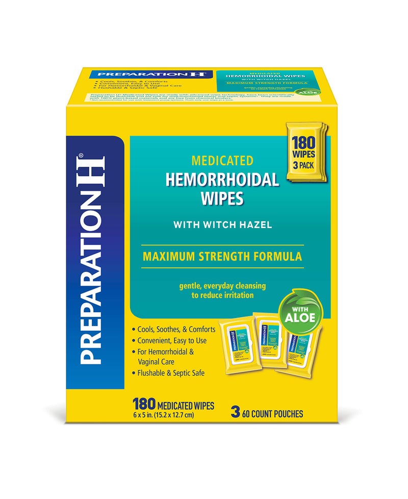 Preparation H Medicated Hemorrhoidal Wipes 180 ct, Maximum Strength Relief with Witch Hazel and Aloe, for Cleansing, Burning, Itch and Irritation Relief, 3 Packs of 60 - Image 1