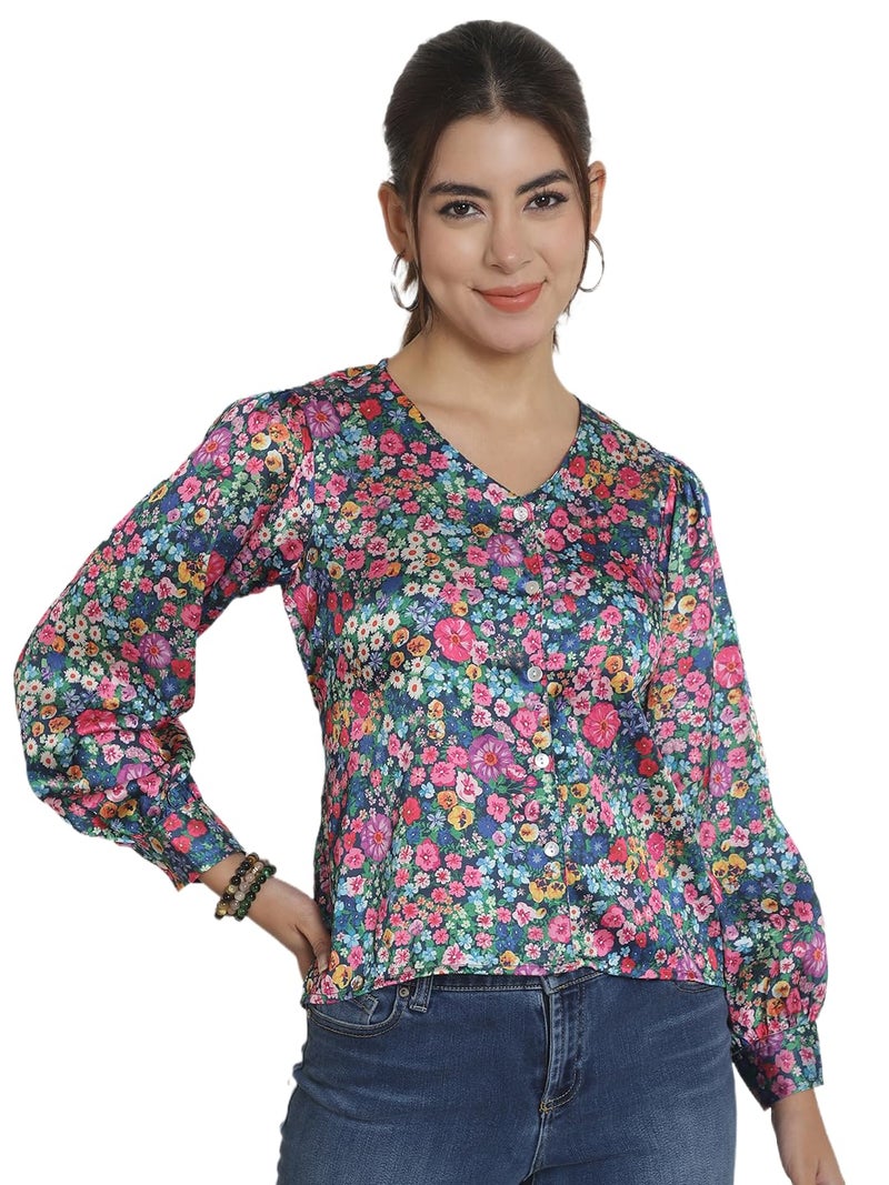 Indian Needle Women's Floral Printed Satin Top with Long Sleeves - Image 1