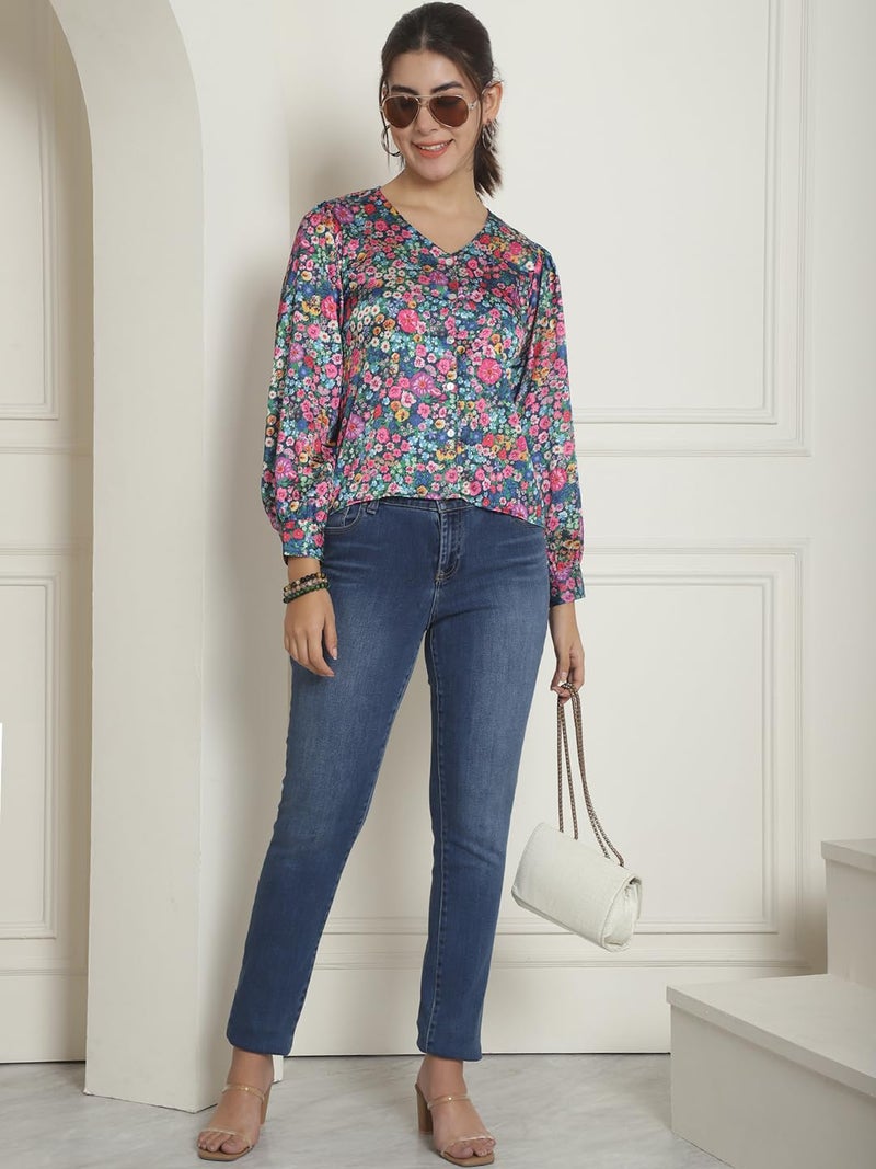 Indian Needle Women's Floral Printed Satin Top with Long Sleeves - Image 4