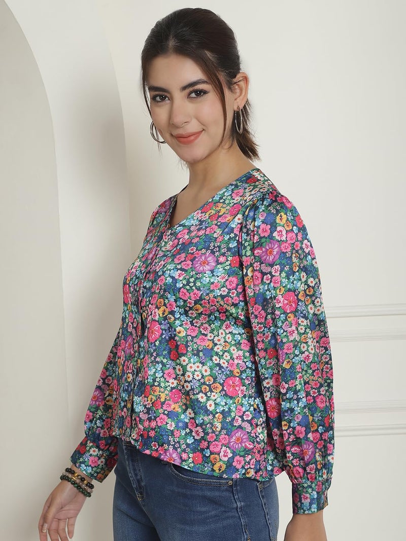 Indian Needle Women's Floral Printed Satin Top with Long Sleeves - Image 3
