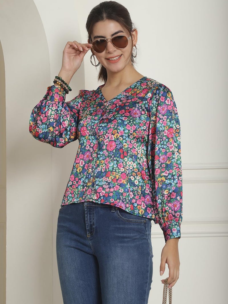 Indian Needle Women's Floral Printed Satin Top with Long Sleeves - Image 5
