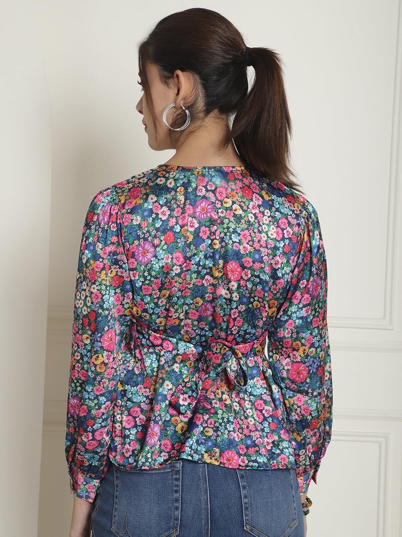 Indian Needle Women's Floral Printed Satin Top with Long Sleeves - Image 2