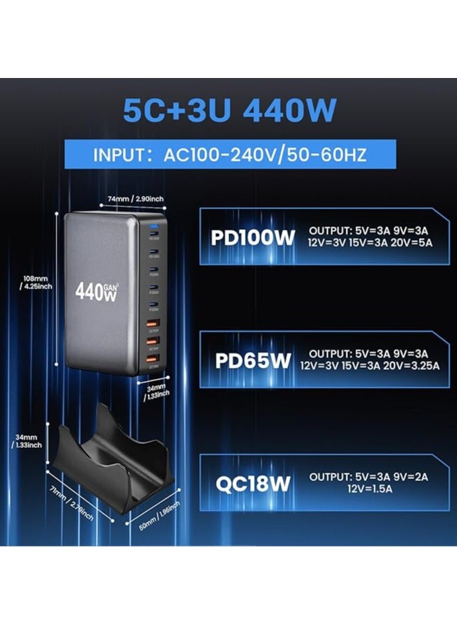 440W GaN USB C Fast Charger, 8 Port Charging Station Hub Block, Wall Charger Power Strip Adapter Plug Cube Laptop Charger For MacBook Air Sumsung iPhone iPad