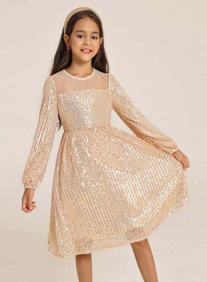 GRACE KARIN Girl Sequin Party Dress Formal Birthday Pageant Fancy Prom Mesh Dresses for Teen Girl 6-14Years, Champagne Gold, 8 Years - Image 3