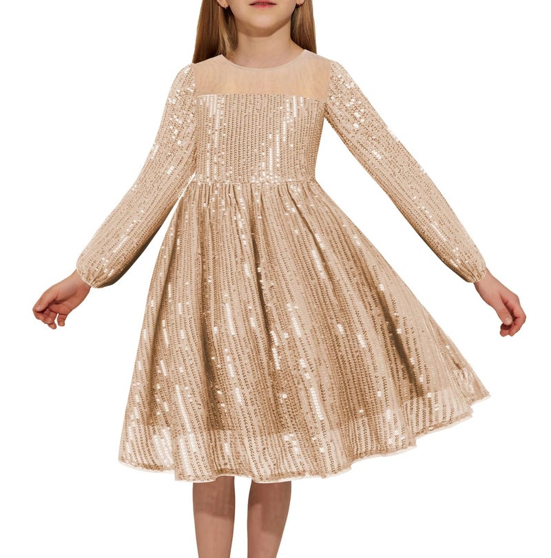 GRACE KARIN Girl Sequin Party Dress Formal Birthday Pageant Fancy Prom Mesh Dresses for Teen Girl 6-14Years, Champagne Gold, 8 Years - Image 1