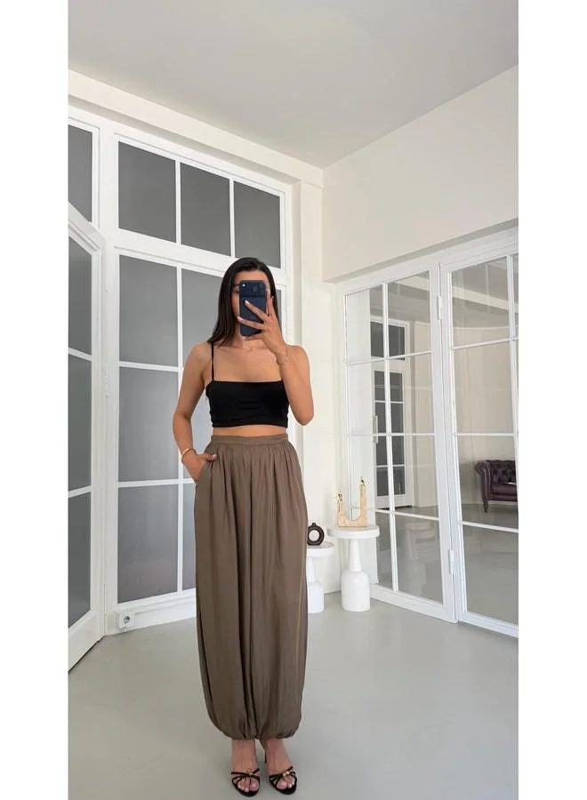 Khaki Soft-Textured Satin Palazzo Pants GAUS-01812.