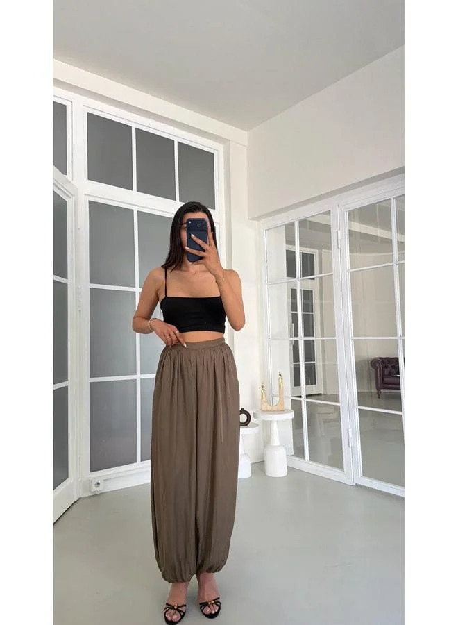 Gaus  Khaki Soft-Textured Satin Palazzo Pants GAUS-01812. for Women | Best Price UAE