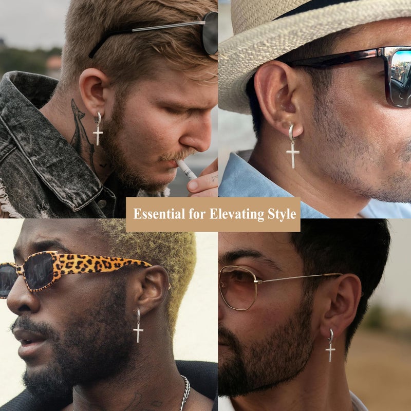 Milacolato S925 Sterling Silver Cross Hoop Earrings Rhodium Plated Minimalist Dangle Cross Huggie Cuff Earrings Hypoallergenic Lightweight Trendy Hoop Earrings for Men Women - Image 2