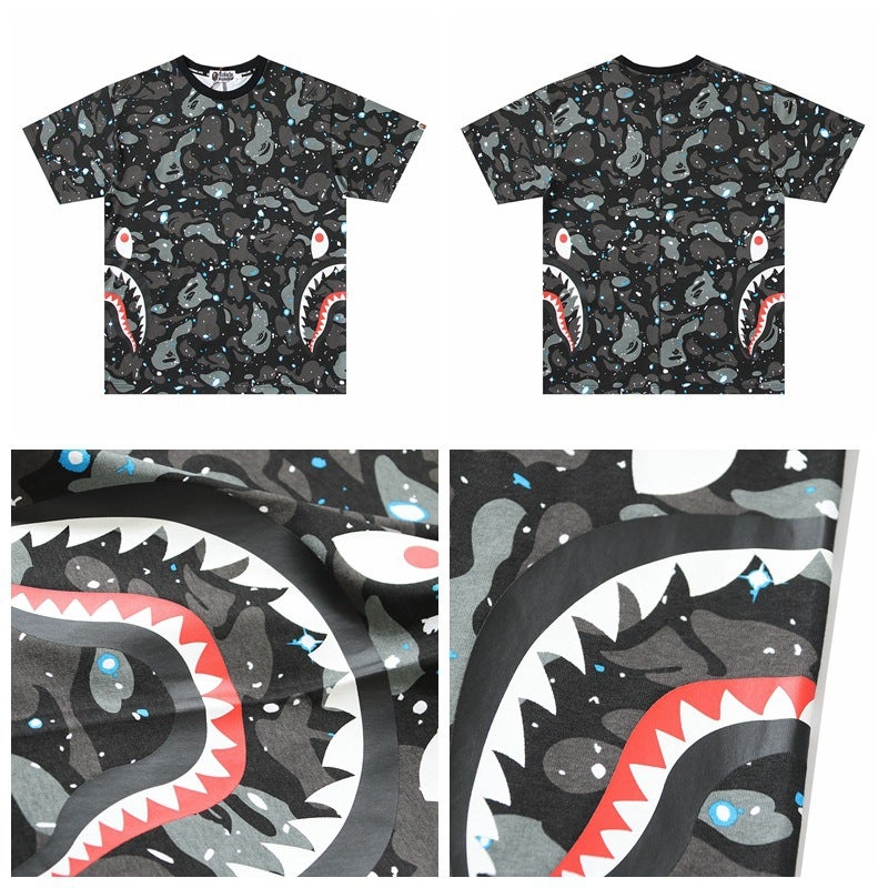 Japanese Trendy Brand Bape Luminous Camouflage Embroidered Shark Print Short-Sleeved T-Shirt For Men And Women Loose Half-Sleeved Shirt - Image 1