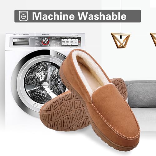 shoeslocker Moccasins for Men House Slippers Indoor Outdoor Plush Mens Bedroom Shoes with Hard Sole Beige 10 M US - Image 5
